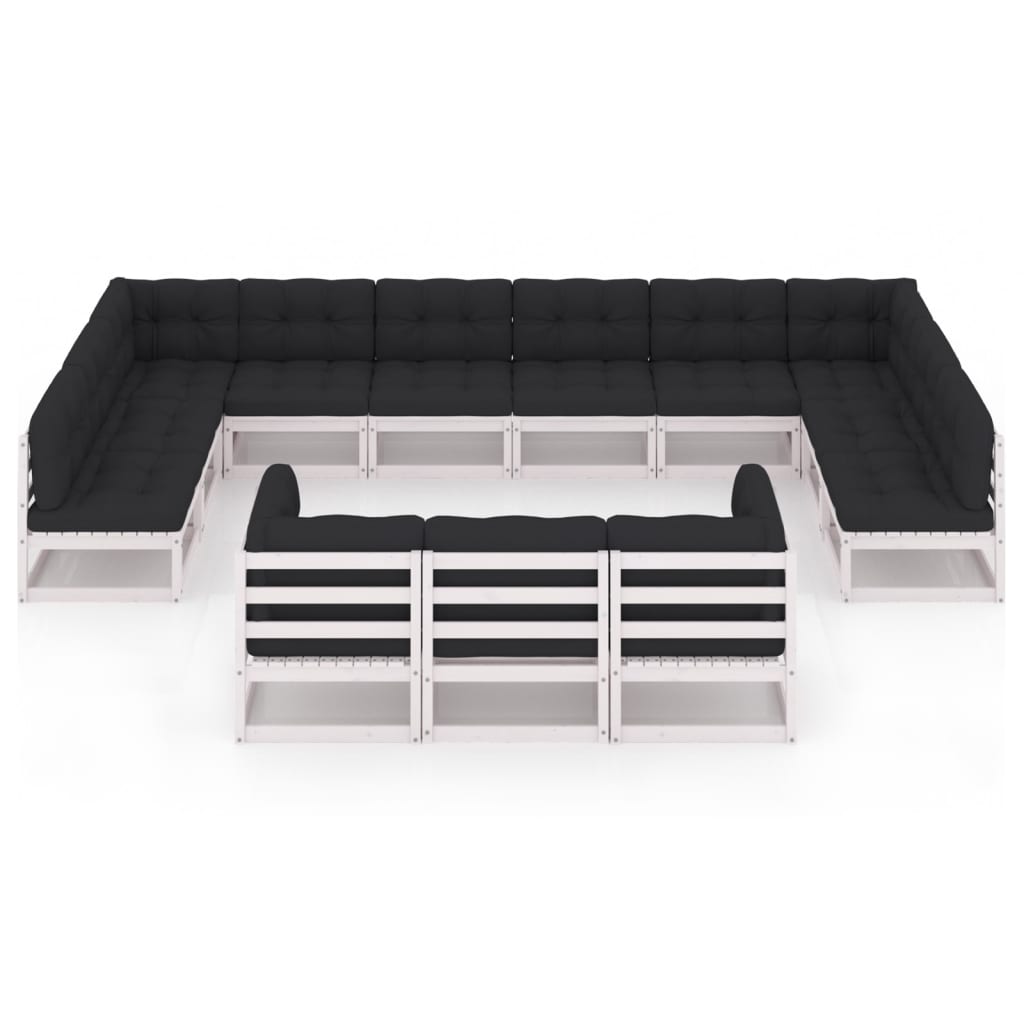 13-tlg. Garten-Lounge-Set mit Kissen Weiss Kiefer Massivholz